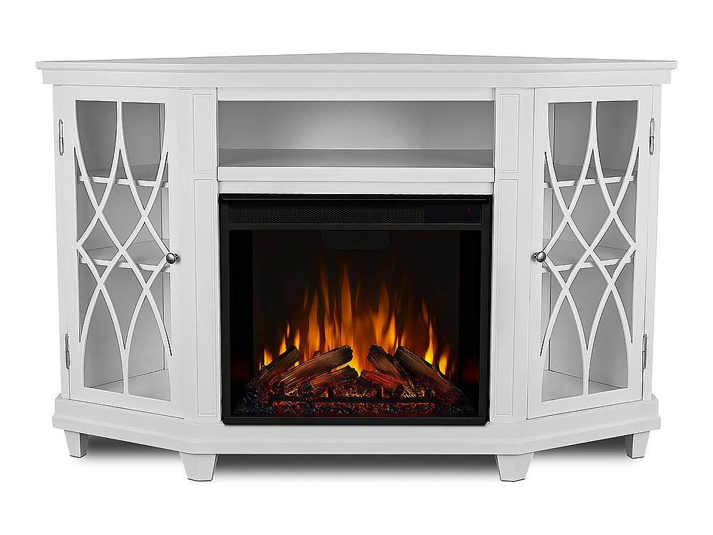 SEI Furniture Dilvon Corner Electric Fireplace TV Stand - For TVs Up To 45", Touch Screen Control, White With Storage Cabinets