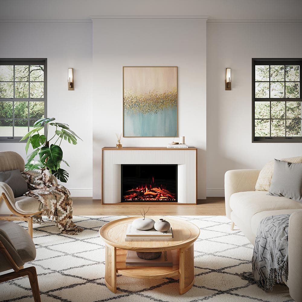 Electric fireplace mantel with white fluted surround and black firebox