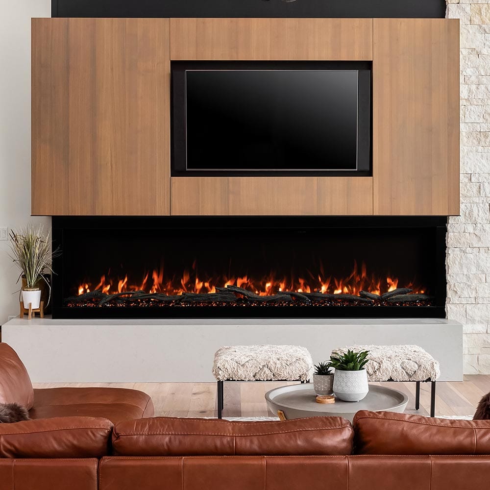 Built-in linear electric fireplace with wood surround, black screen, and glowing flame bed